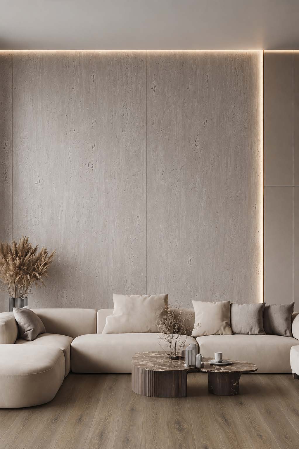 Ambiente revestido con placa UV Cemento Caliza de Balkan