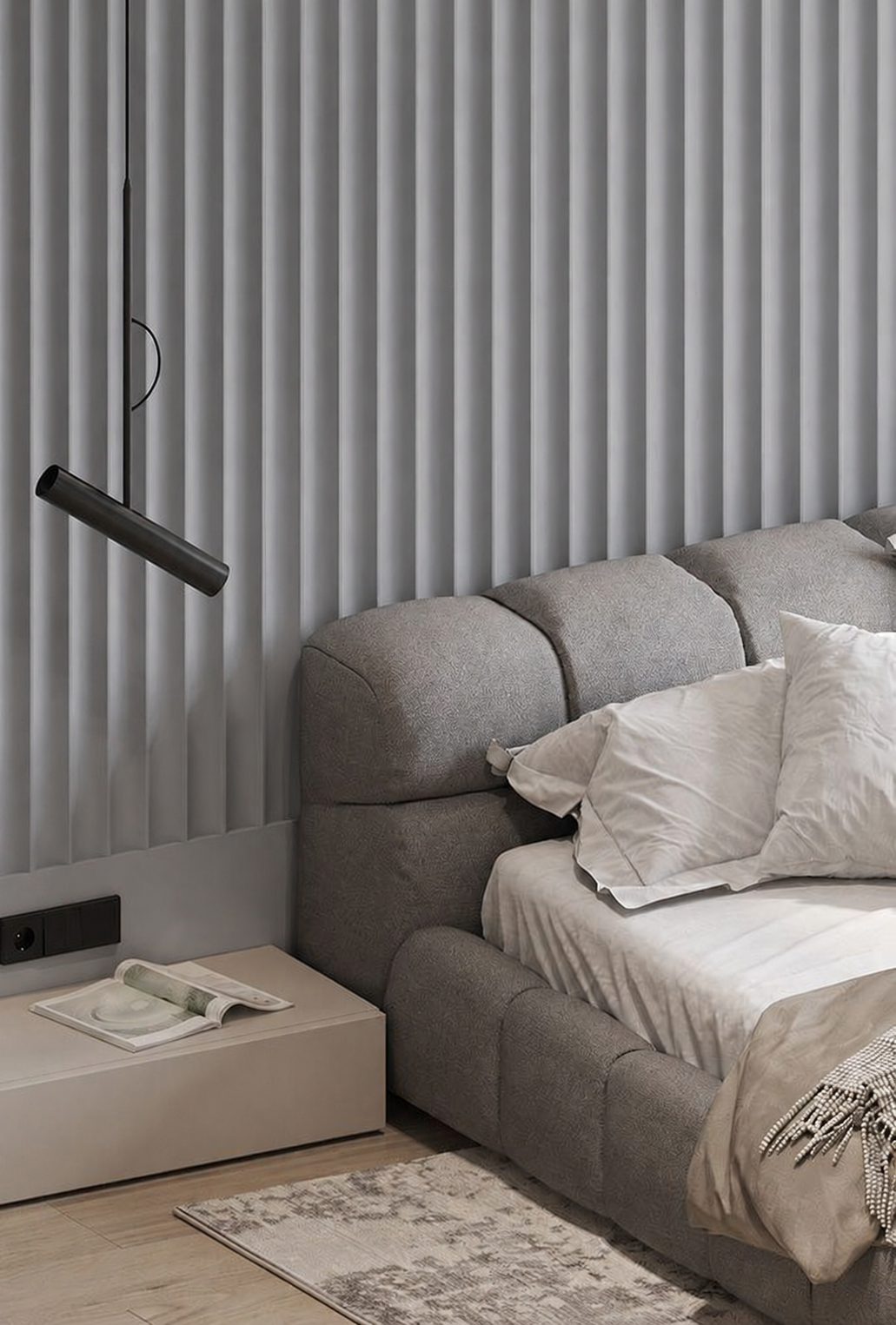 Dormitorio con wall panel concave Gris detrás de la cama