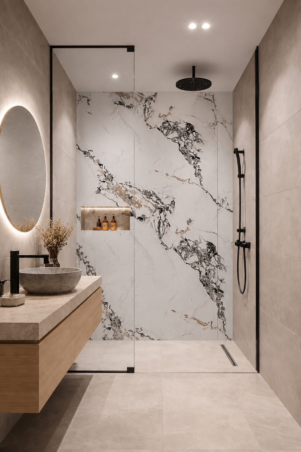 Baño con pared Puna D'Oro satinado