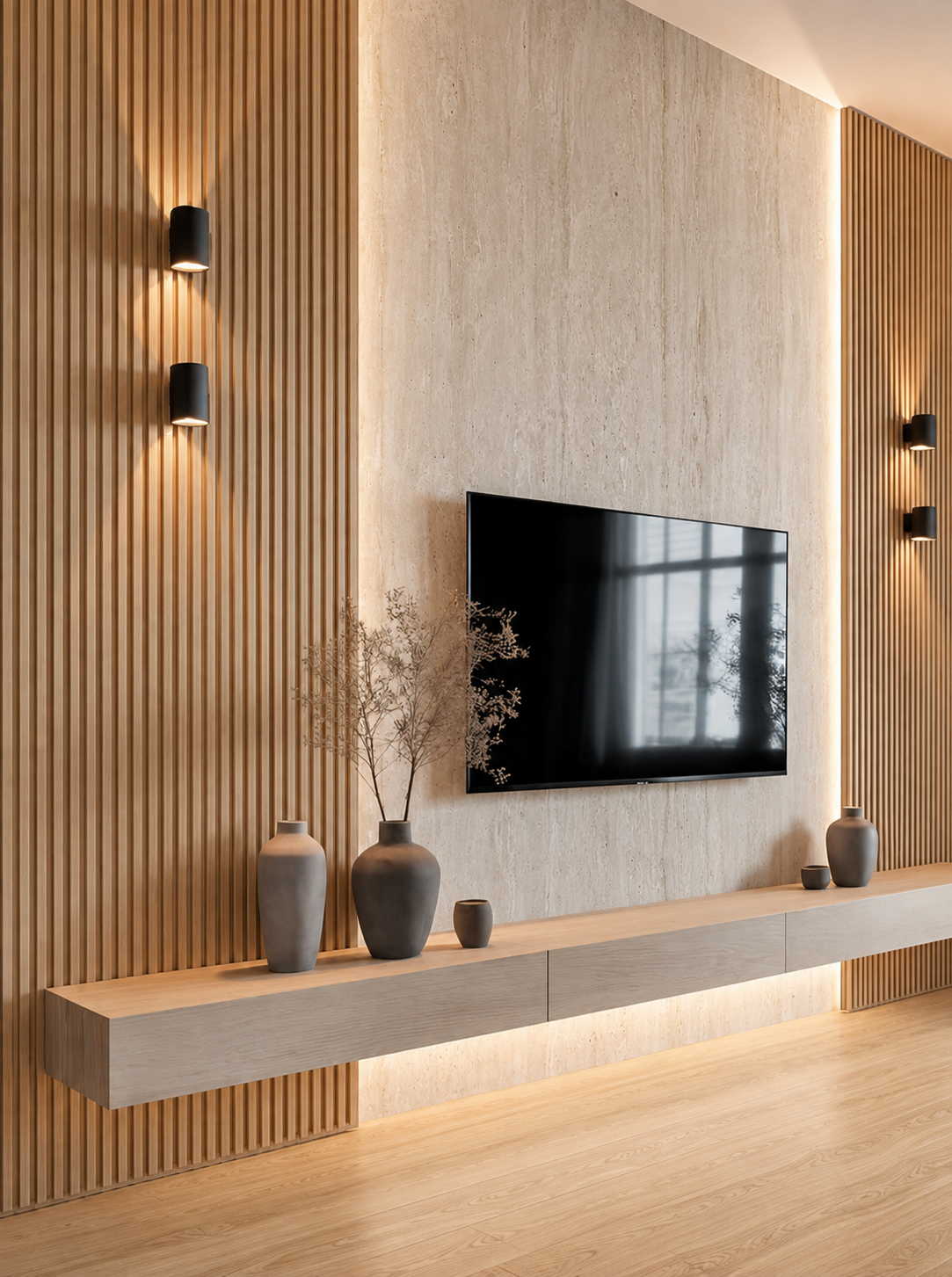 Living con pared de TV en placa efecto travertino enmarcada por paneles acanalados de madera