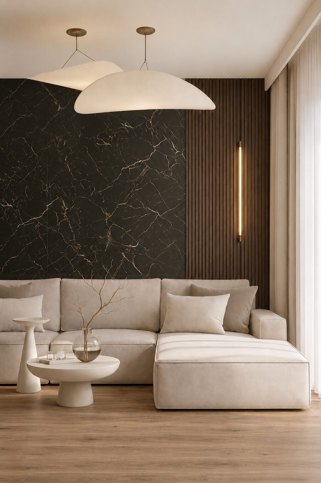 Living con pared Obsidiana Cobre y panel acanalado