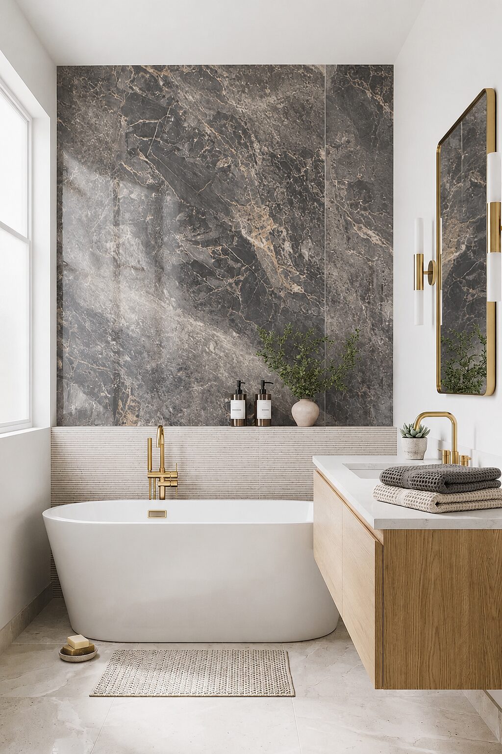 Baño con pared Piedra Prisma