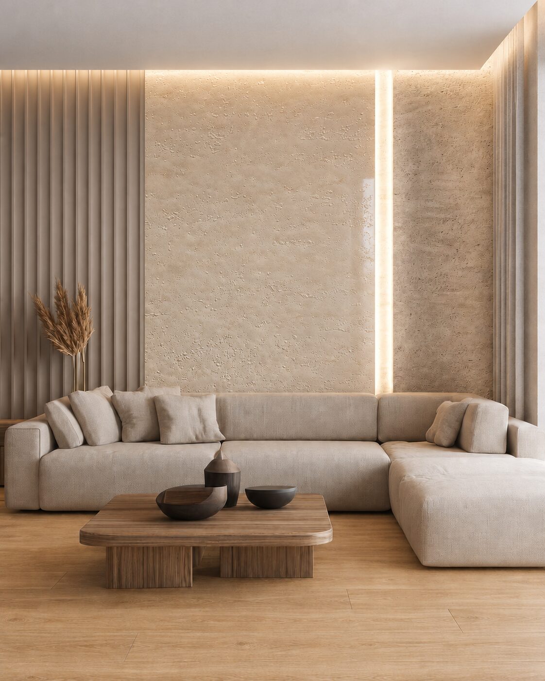 Living con pared de textura Arenisca y panel de madera