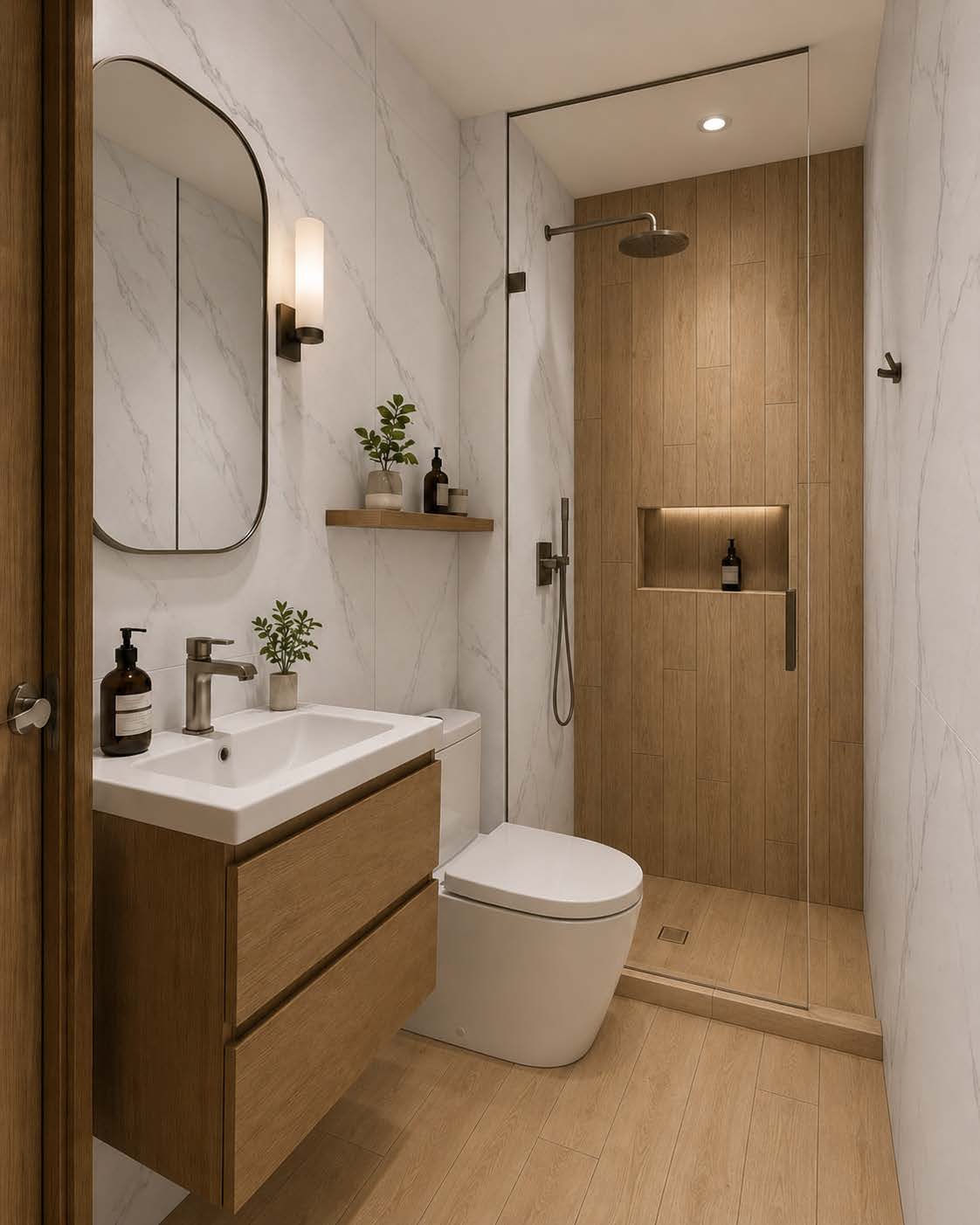 Baño con pared Calacatta Glaciar