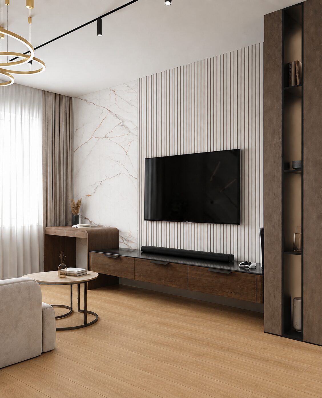Local comercial con pared Oro Andino y listones de madera